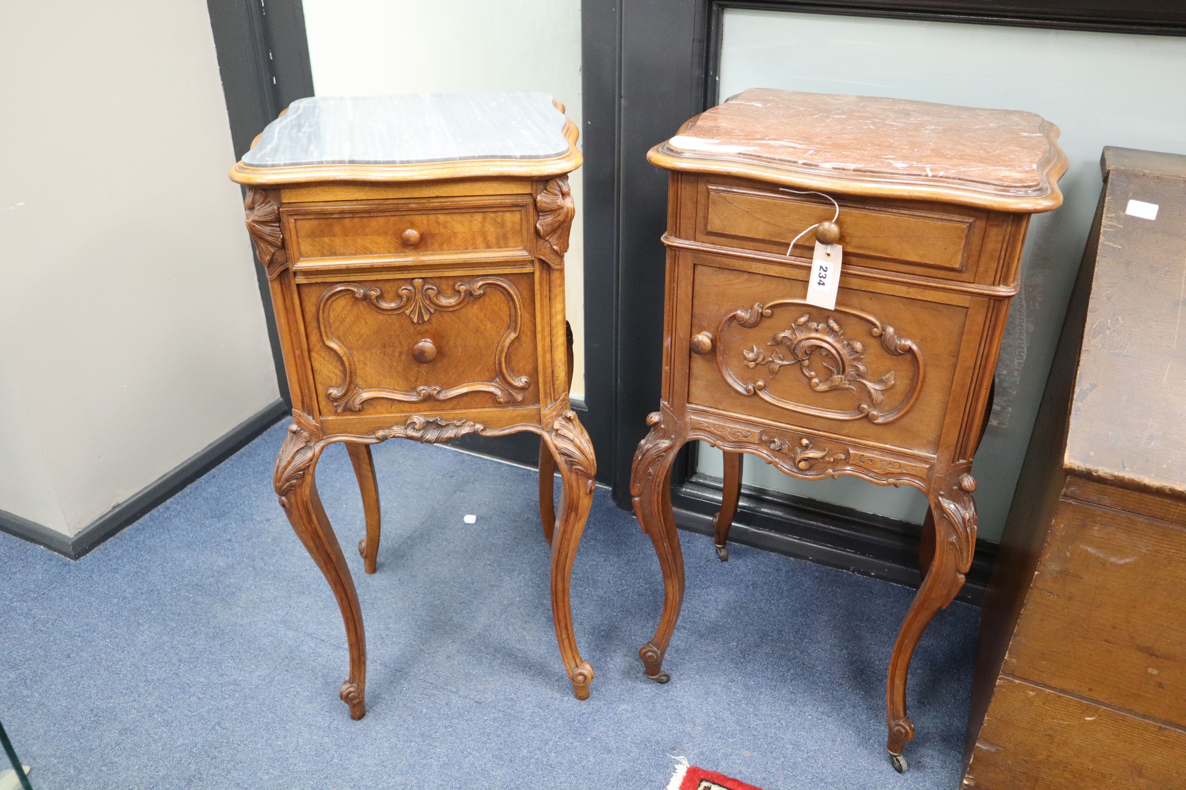 Two late 19th century French marble top bedside cabinets, larger width 44cm, depth 43cm, height 84cm